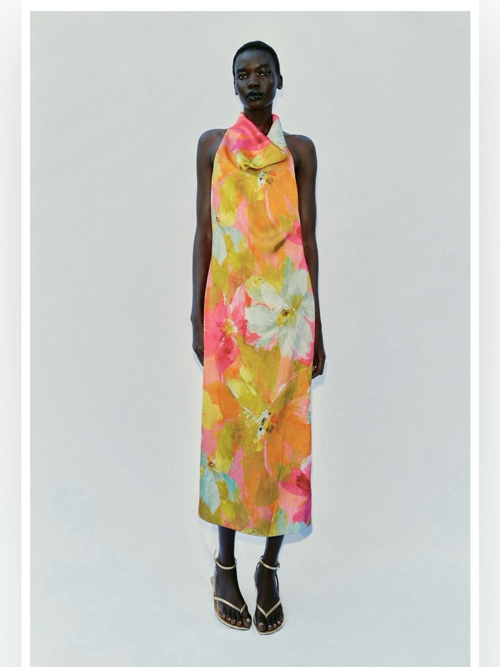 Zara Multicolor Floral Halter Midi Dress in Pink, Yellow, Aqua. POP - Picture 8 of 9